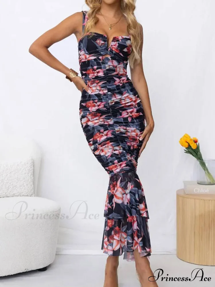 Sweetheart Neck Strap Printed Graceful Pleated Mesh Maxi Dress - Image 7