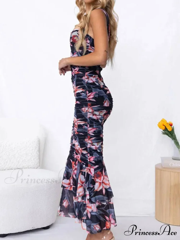 Sweetheart Neck Strap Printed Graceful Pleated Mesh Maxi Dress - Image 8