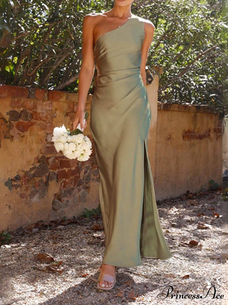 Temperament Slim Fit One Graceful Shoulder Split Satin Dress - Image 12