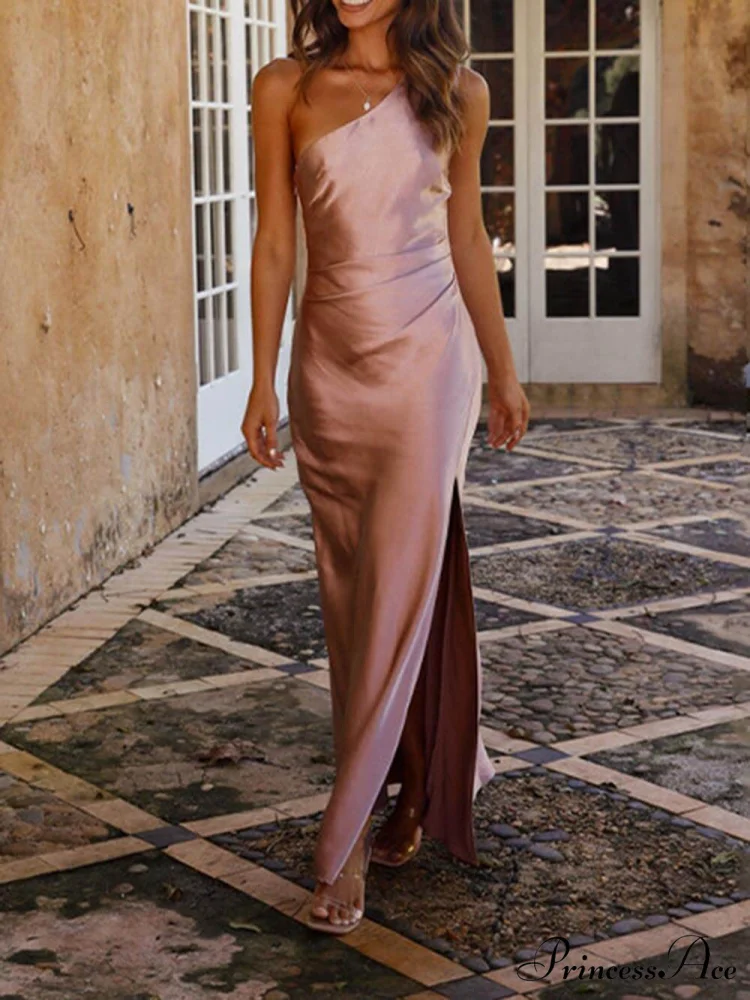 Temperament Slim Fit One Graceful Shoulder Split Satin Dress - Image 3