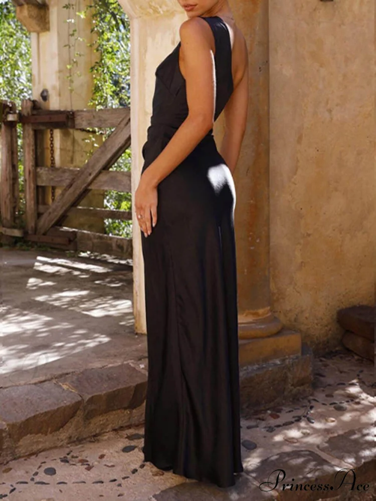 Temperament Slim Fit One Graceful Shoulder Split Satin Dress - Image 9