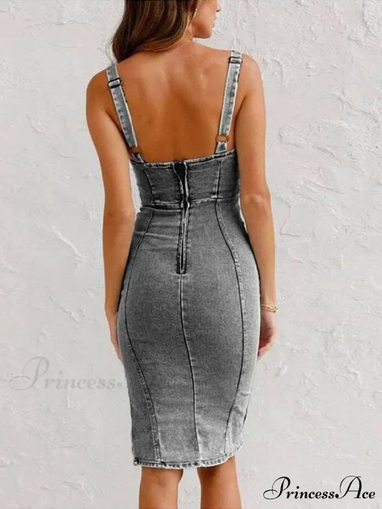 This Seasons Staple Denim Adjustable Trendy Straps Zip-up Firm Stretch Midi Dress - Image 3