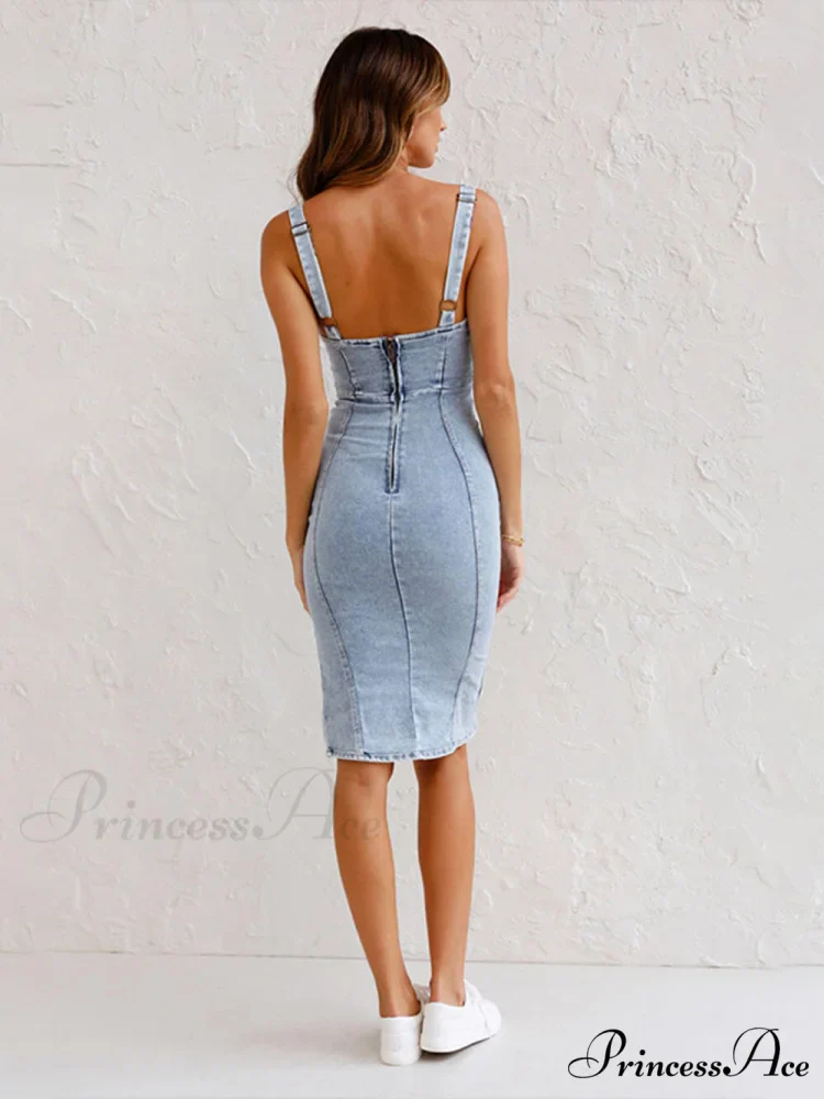 This Seasons Staple Denim Adjustable Trendy Straps Zip-up Firm Stretch Midi Dress - Image 7