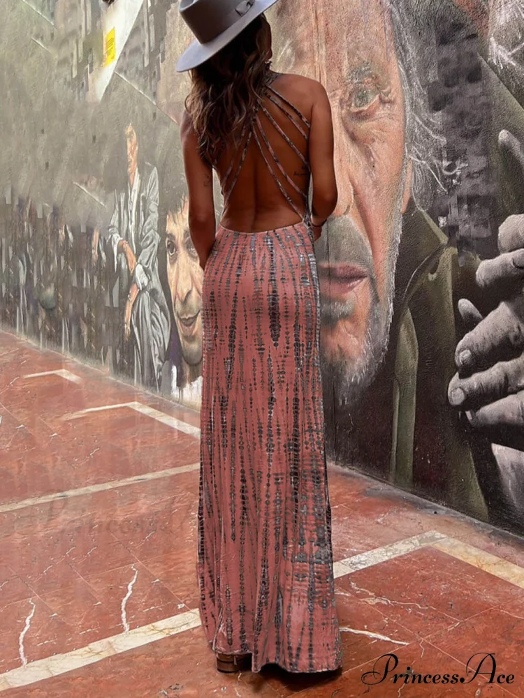 Tie-dye Print Back Charming Lace-up Stretch Maxi Dress - Image 10