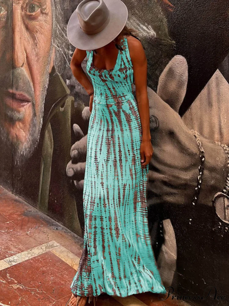 Tie-dye Print Back Charming Lace-up Stretch Maxi Dress - Image 3