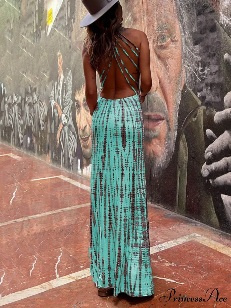 Tie-dye Print Back Charming Lace-up Stretch Maxi Dress - Image 4