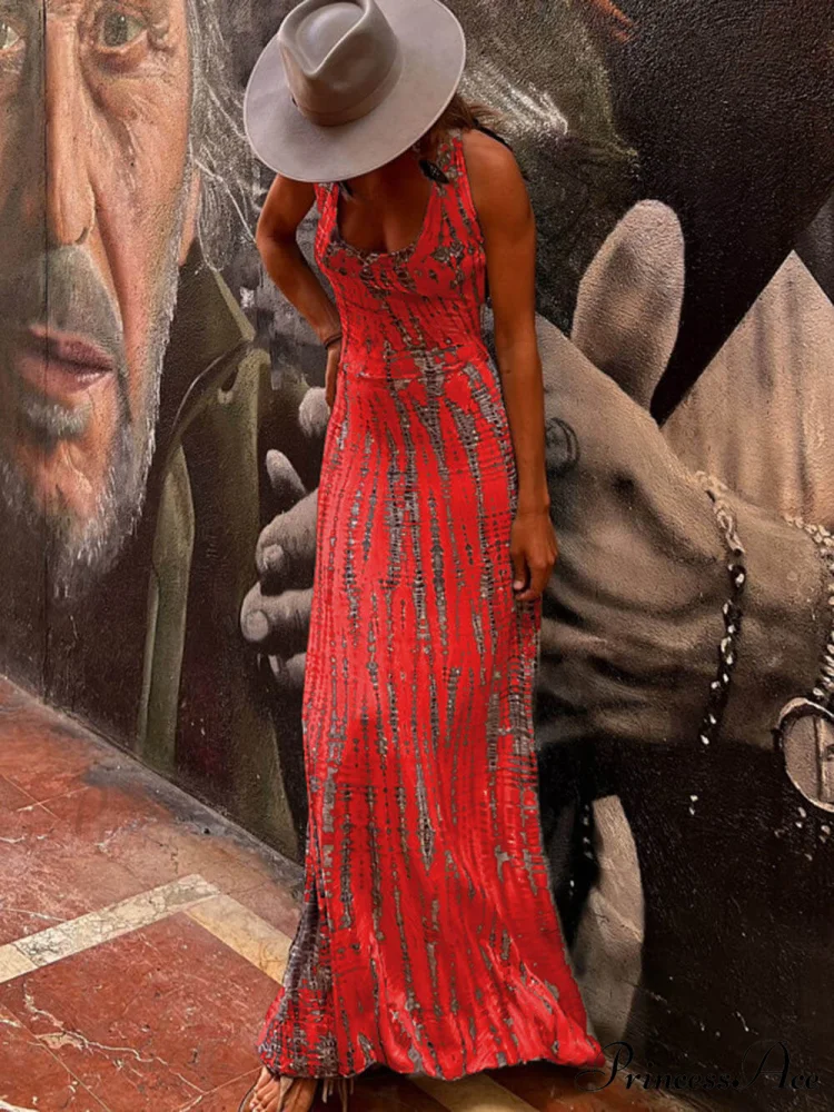 Tie-dye Print Back Charming Lace-up Stretch Maxi Dress - Image 5