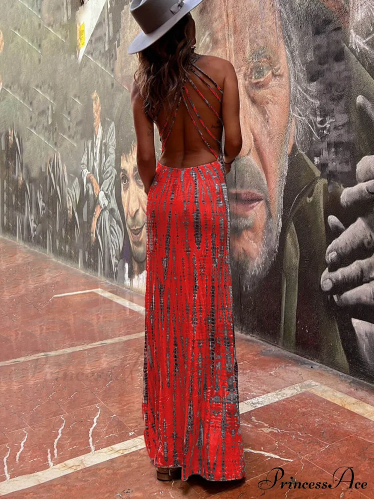 Tie-dye Print Back Charming Lace-up Stretch Maxi Dress - Image 6