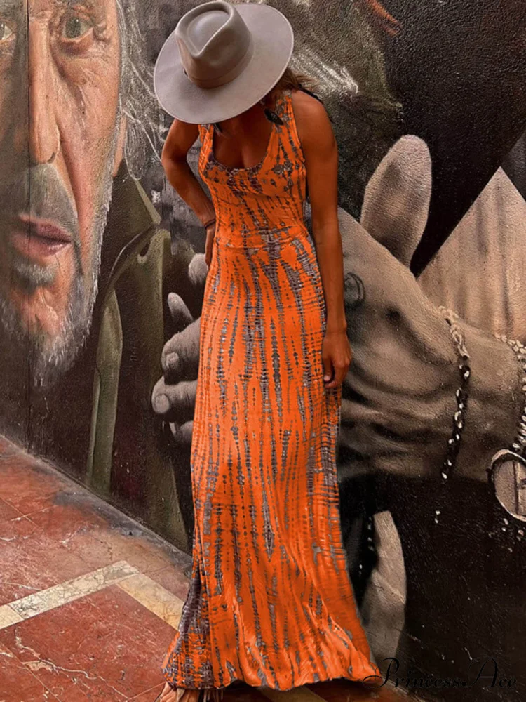 Tie-dye Print Back Charming Lace-up Stretch Maxi Dress - Image 7