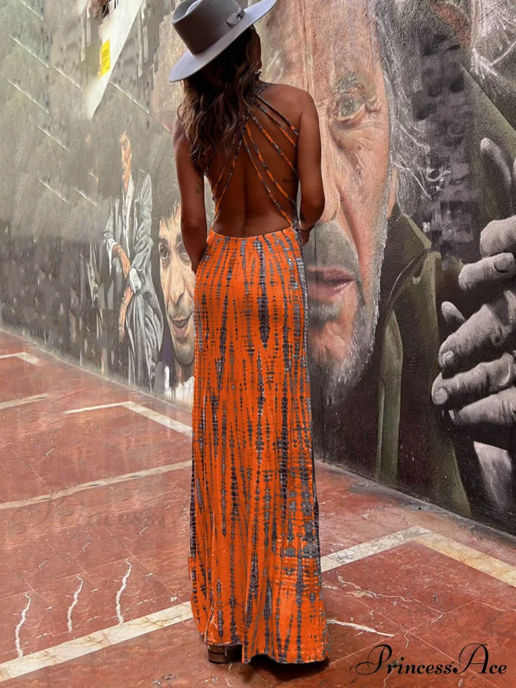 Tie-dye Print Back Charming Lace-up Stretch Maxi Dress - Image 8