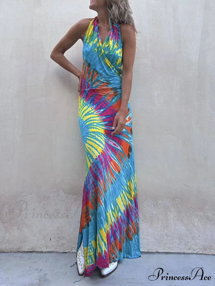Tie-Dye Print Halter Charming Backless Stretch Maxi Dress - Image 3