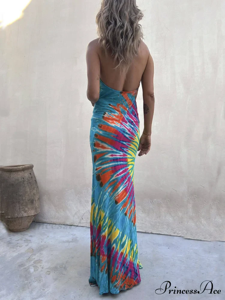 Tie-Dye Print Halter Charming Backless Stretch Maxi Dress - Image 4
