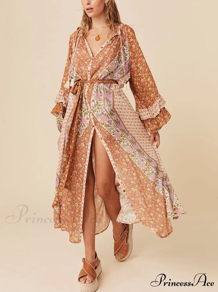 Unique Bohemian Print Long Graceful Sleeve Robe Midi Dress - Image 2