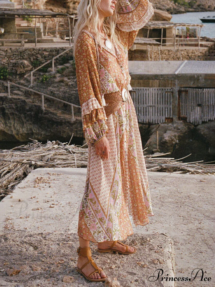 Unique Bohemian Print Long Graceful Sleeve Robe Midi Dress - Image 3