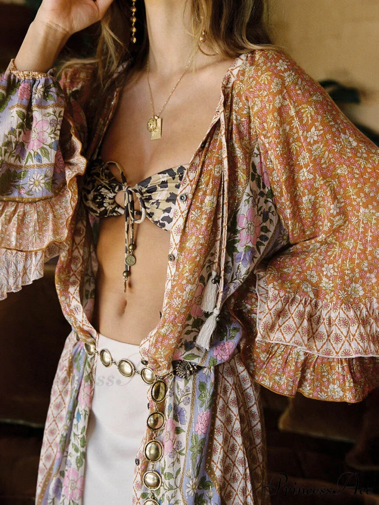 Unique Bohemian Print Long Graceful Sleeve Robe Midi Dress - Image 4