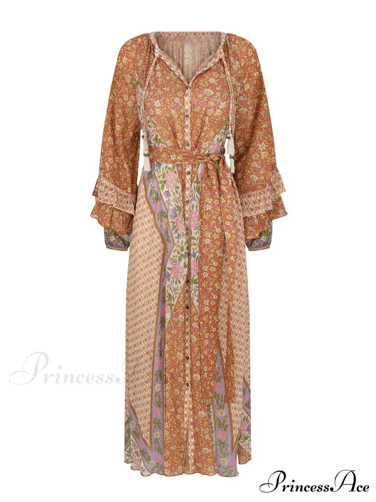 Unique Bohemian Print Long Graceful Sleeve Robe Midi Dress - Image 5