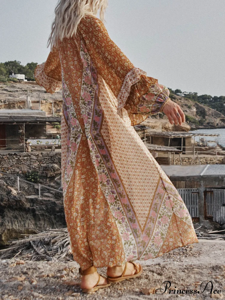 Unique Bohemian Print Long Graceful Sleeve Robe Midi Dress - Image 6