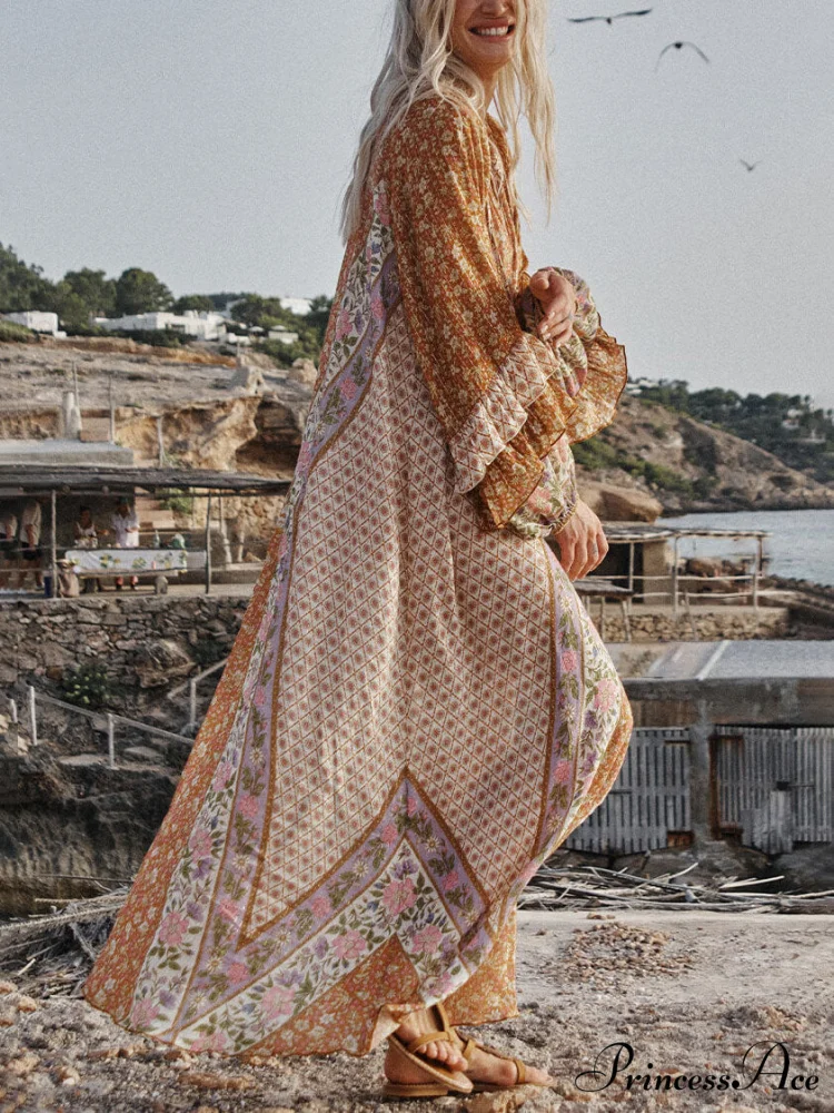 Unique Bohemian Print Long Graceful Sleeve Robe Midi Dress - Image 7