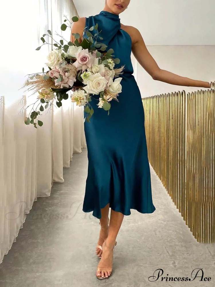 Unique Bridesmaid Sleeveless Charming High Neck Midi Dresses - Image 2