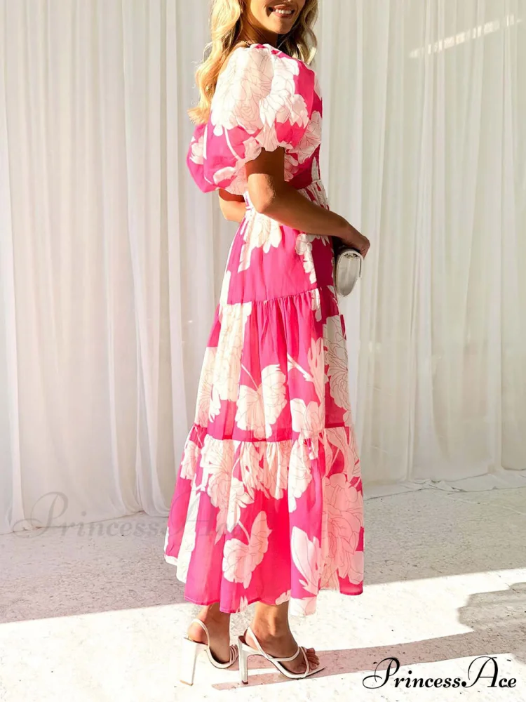 Unique Floral Print Patchwork Graceful Up Pleated Maxi Dress - Image 12