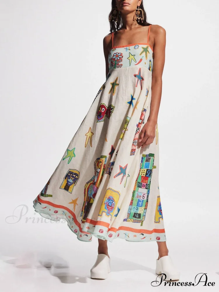 Unique Graffiti Print Suspenders Graceful Long Swing Midi Dress - Image 2