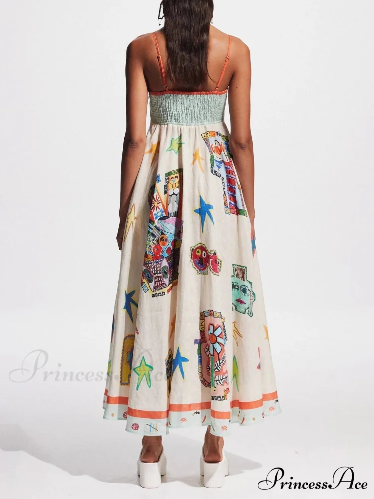 Unique Graffiti Print Suspenders Graceful Long Swing Midi Dress - Image 3
