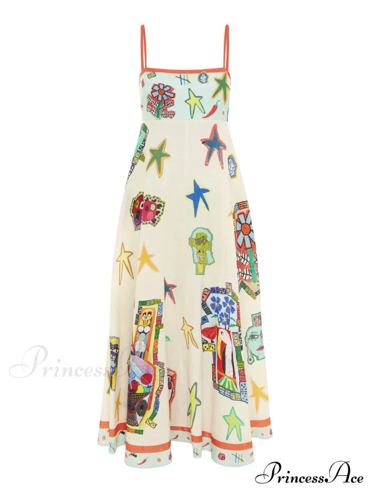 Unique Graffiti Print Suspenders Graceful Long Swing Midi Dress - Image 4
