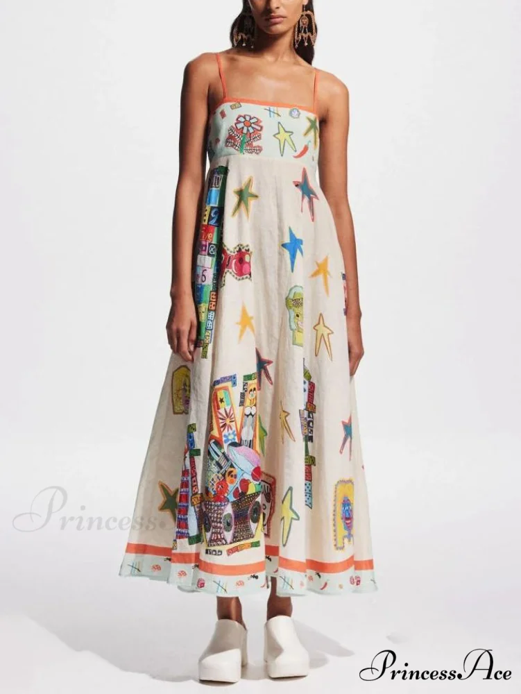 Unique Graffiti Print Suspenders Graceful Long Swing Midi Dress - Image 5