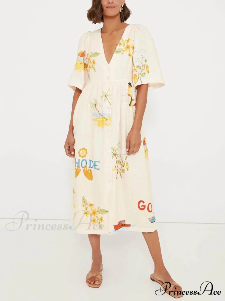 Unique Holiday Folk Floral Graceful Print Puff Sleeve Midi Dress - Image 2