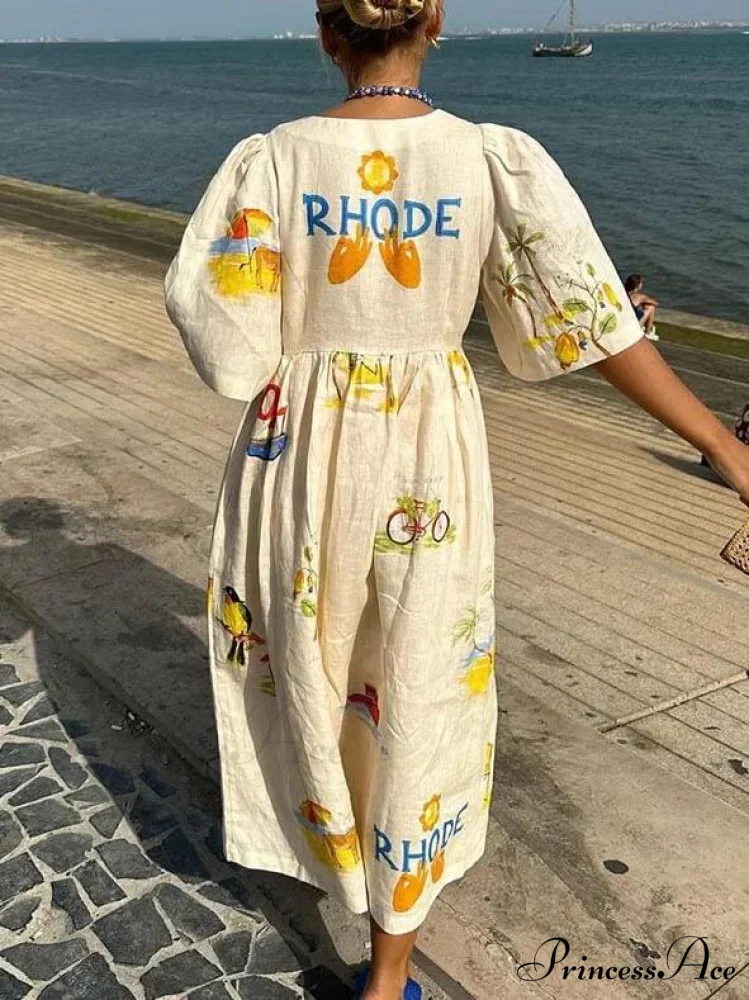 Unique Holiday Folk Floral Graceful Print Puff Sleeve Midi Dress - Image 3