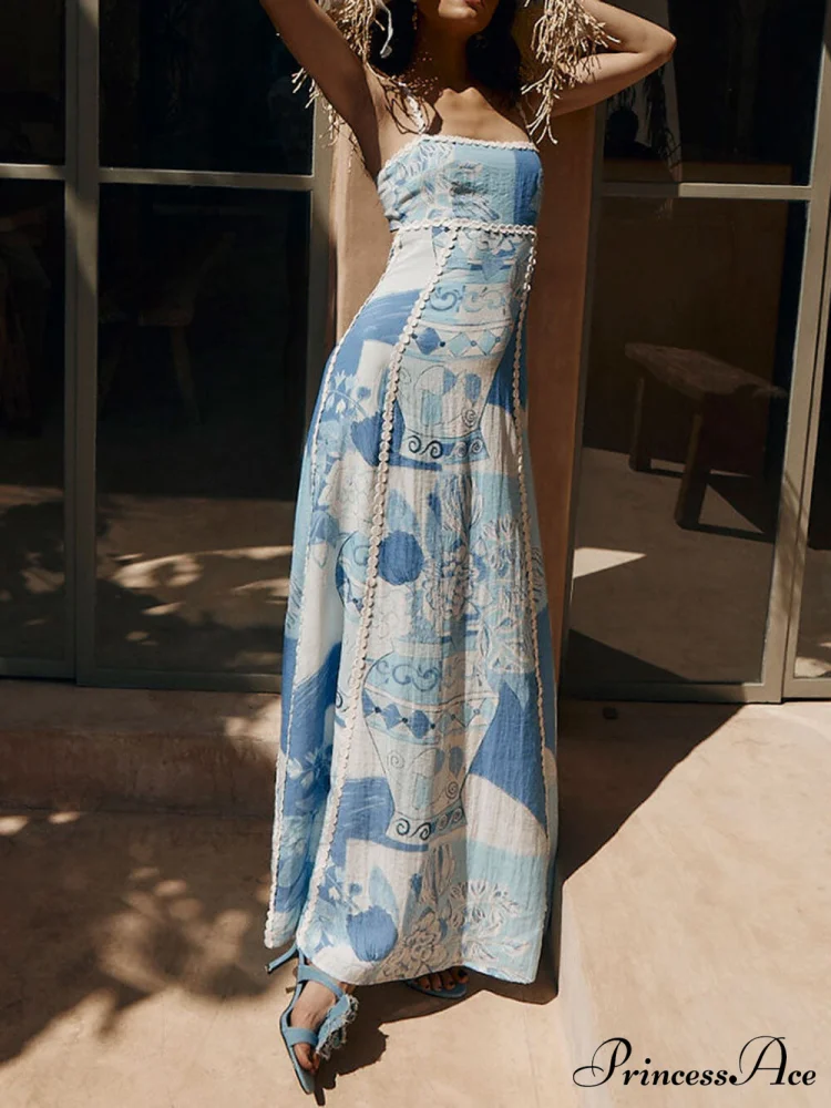 Unique Lace Patchwork Printed Back Trendy Tie Halter Flare Maxi Dresses - Image 2