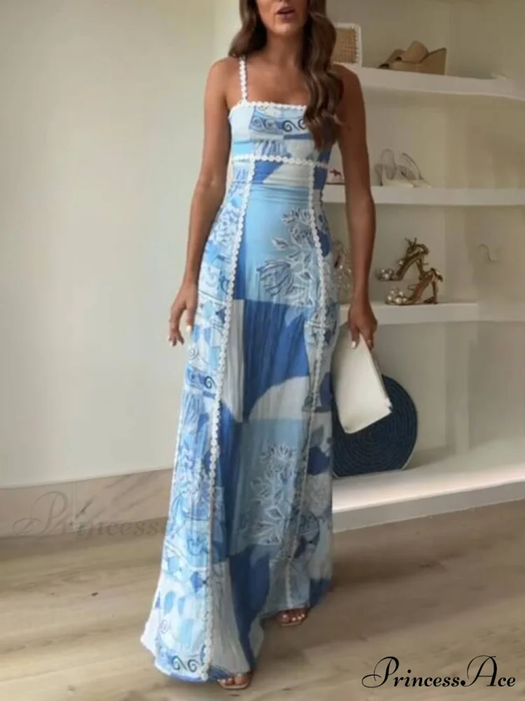 Unique Lace Patchwork Printed Back Trendy Tie Halter Flare Maxi Dresses - Image 6