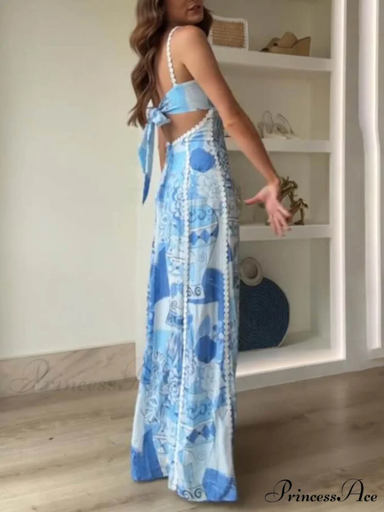 Unique Lace Patchwork Printed Back Trendy Tie Halter Flare Maxi Dresses - Image 7