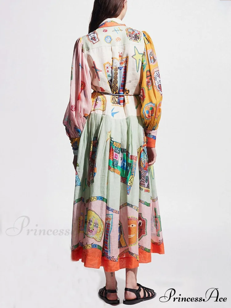 Unique Print Colorblock Balloon Graceful Sleeve Belt Shirt Midi Dress - Image 2