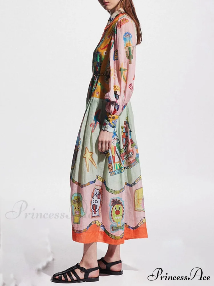 Unique Print Colorblock Balloon Graceful Sleeve Belt Shirt Midi Dress - Image 3