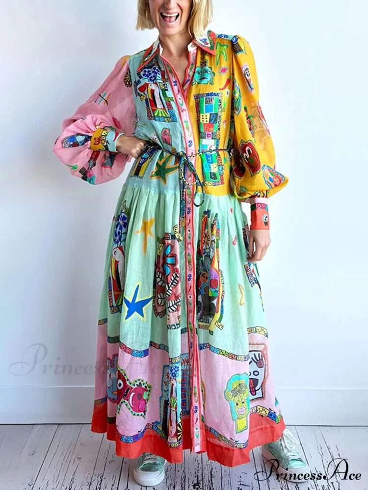 Unique Print Colorblock Balloon Graceful Sleeve Belt Shirt Midi Dress - Image 4