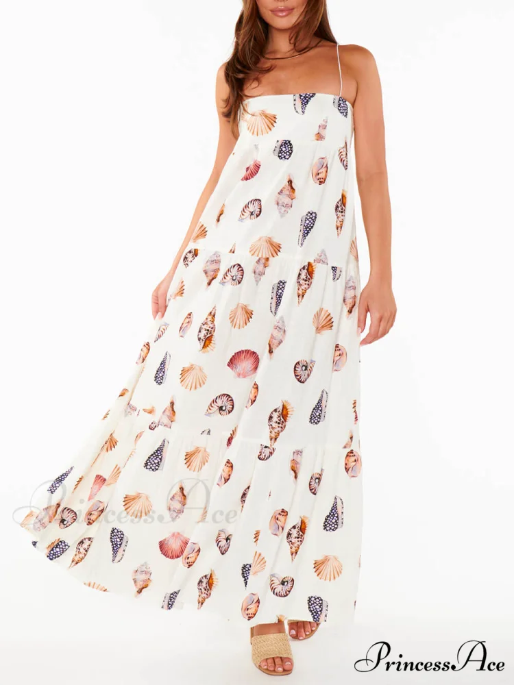 Unique Shell Conch Print Graceful Pleated Pockets Lightweight Maxi Dress - Image 2