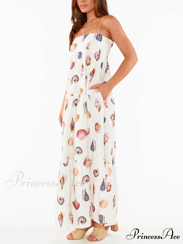 Unique Shell Conch Print Graceful Pleated Pockets Lightweight Maxi Dress - Image 3