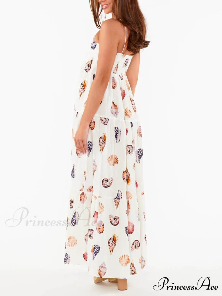 Unique Shell Conch Print Graceful Pleated Pockets Lightweight Maxi Dress - Image 4