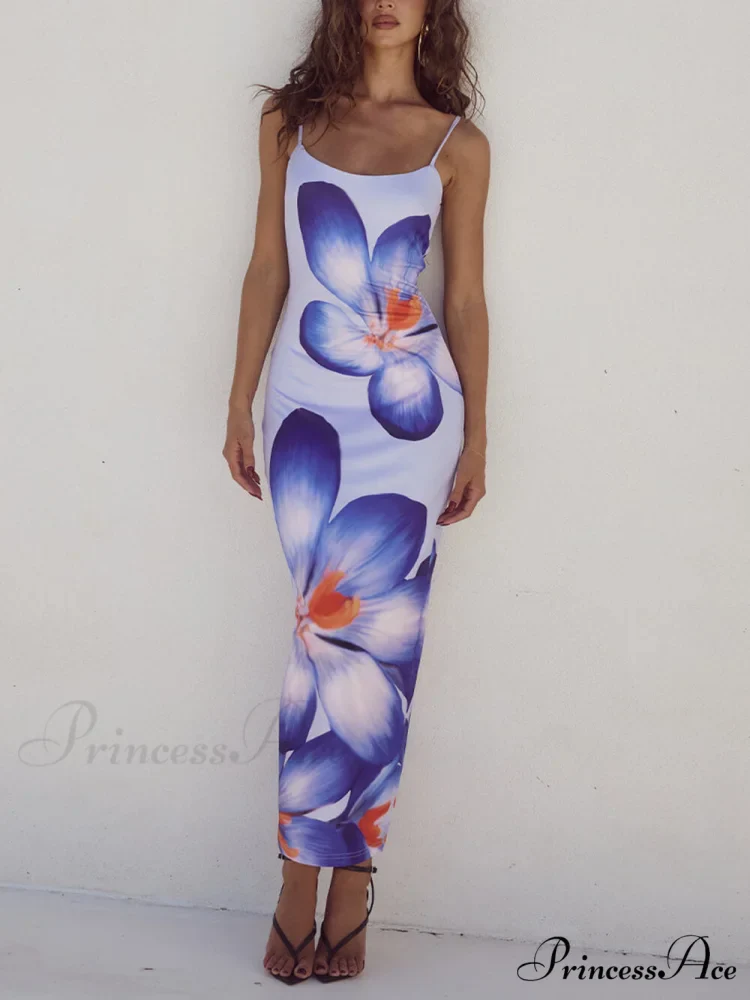 Unique Violet Floral Charming Print Strap Midi Dress - Image 2
