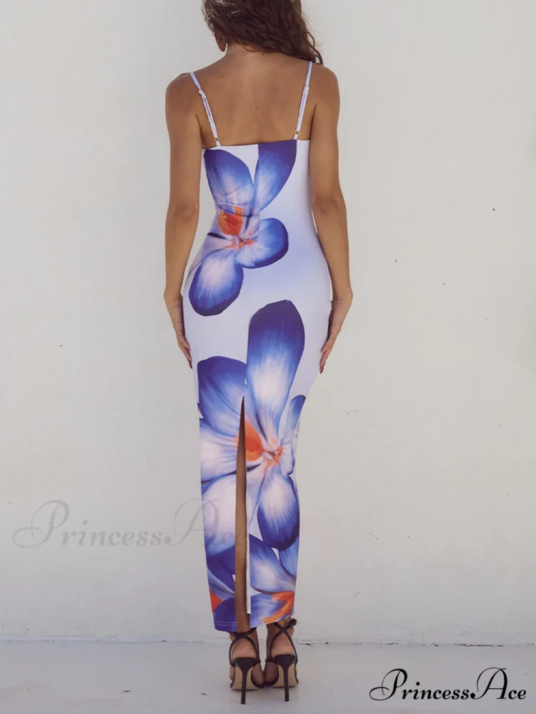 Unique Violet Floral Charming Print Strap Midi Dress - Image 5