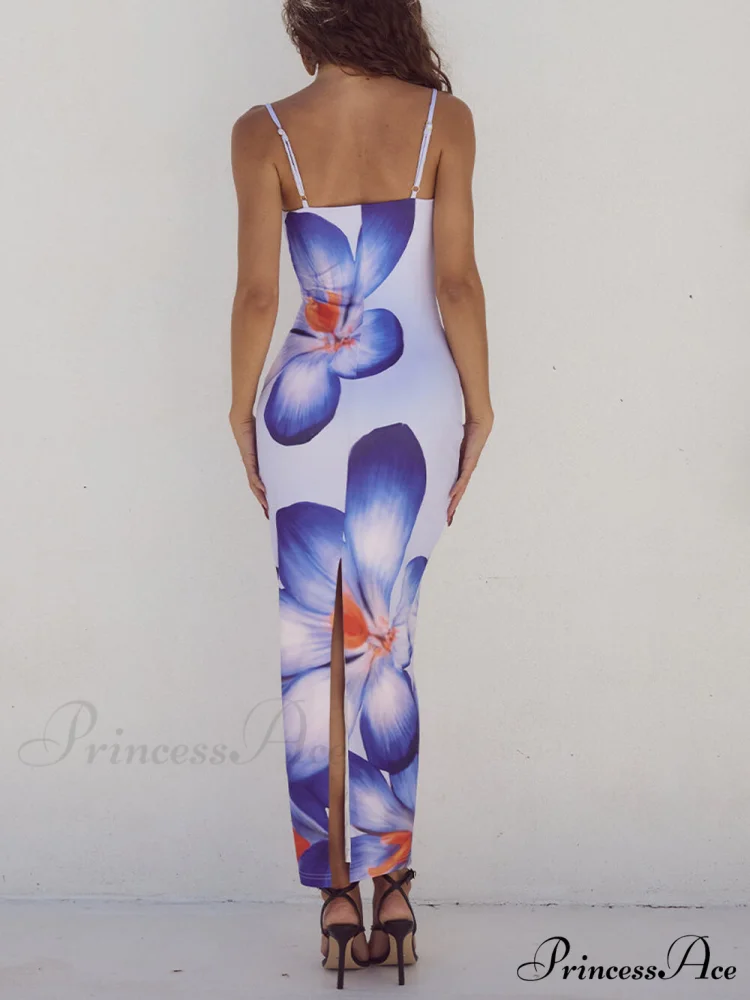 Unique Violet Floral Charming Print Strap Midi Dress - Image 6