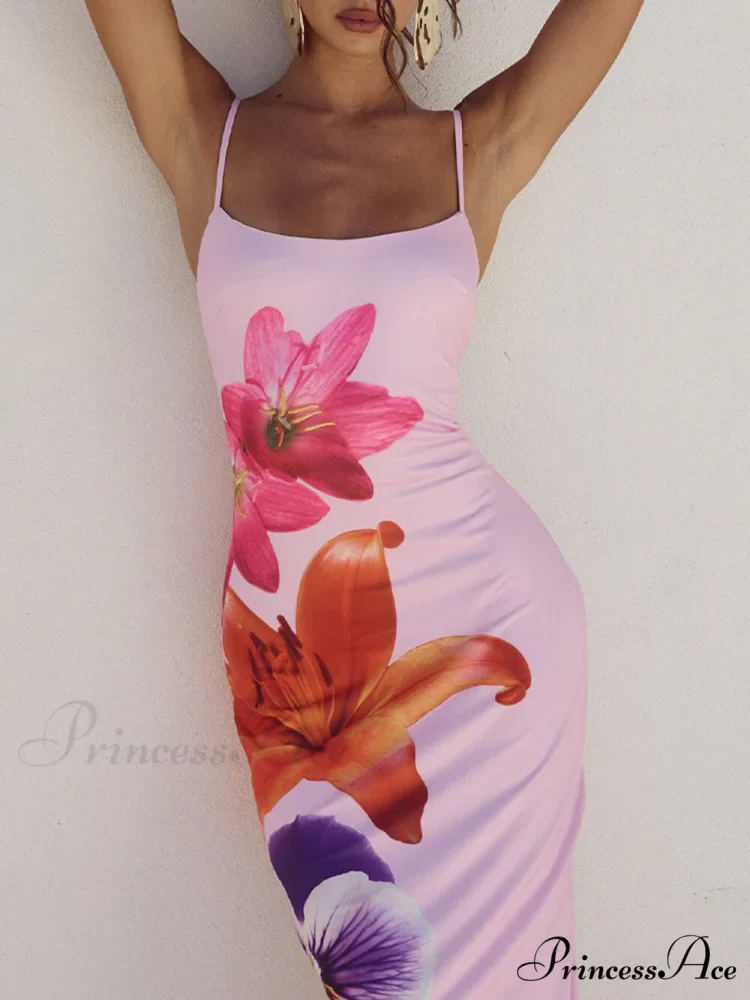 Unique Violet Floral Charming Print Strap Midi Dress - Image 7