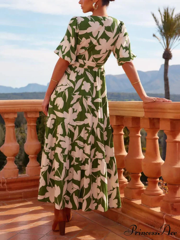 V-Neck Short-Sleeved Slit Charming Printed Midi Dress - Image 3