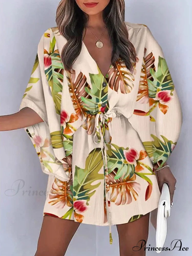 V-Neck Tie Printed Charming Batwing Sleeve Dress - Image 2