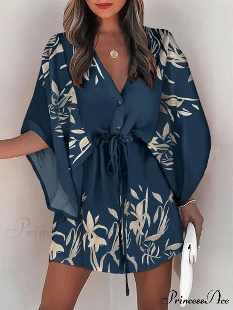 V-Neck Tie Printed Charming Batwing Sleeve Dress - Image 3