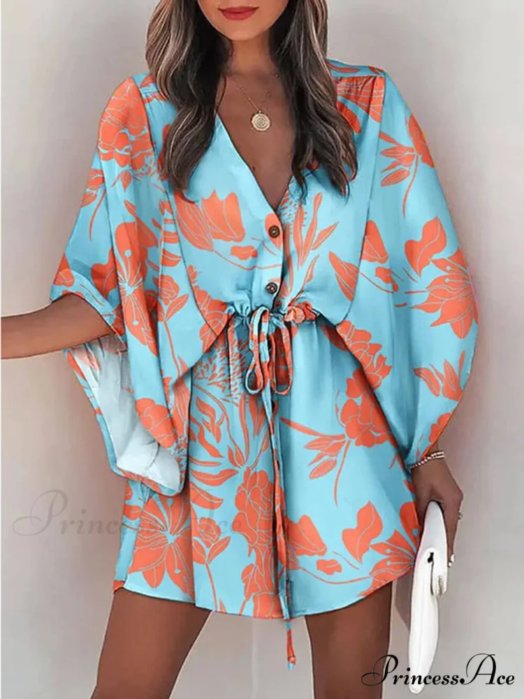 V-Neck Tie Printed Charming Batwing Sleeve Dress - Image 4