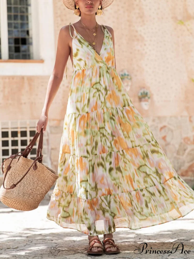 Vacation Casual Loose Tie-Dye Floral Trendy V-Neck Waist Slimming Midi Dress - Image 3