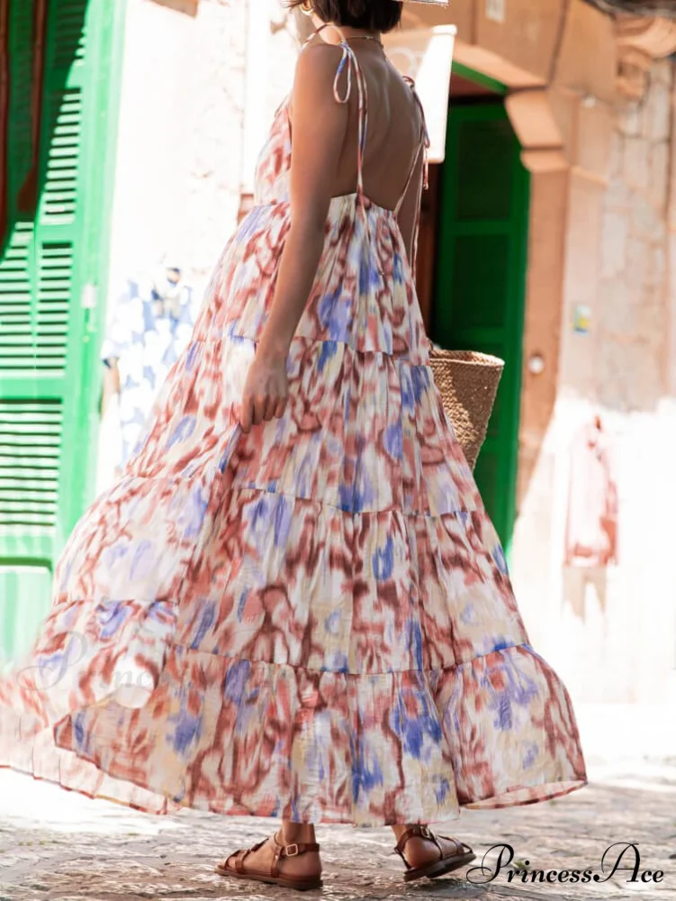 Vacation Casual Loose Tie-Dye Floral Trendy V-Neck Waist Slimming Midi Dress - Image 7