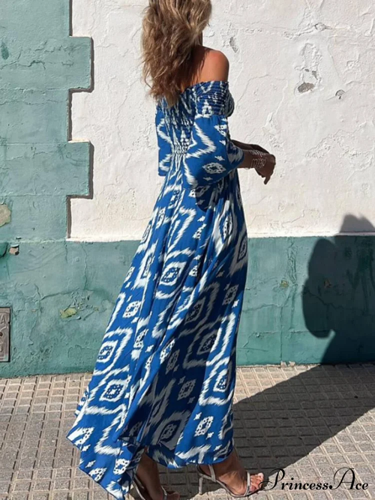 Vacation Ethnic Print Smocked Graceful Off Shoulder Pocketed Maxi Dress - Image 2